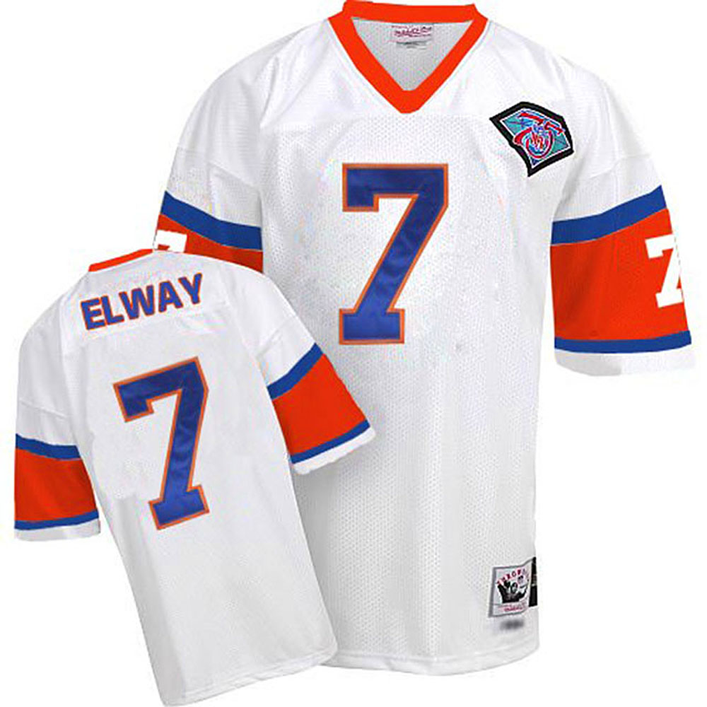 Men Mitchell Ness Denver Broncos 7 John Elway White 75th Patch Throwback NFL Jersey
